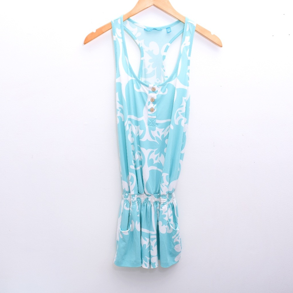 Tori Richard Hawaiian print aqua and white romper XS